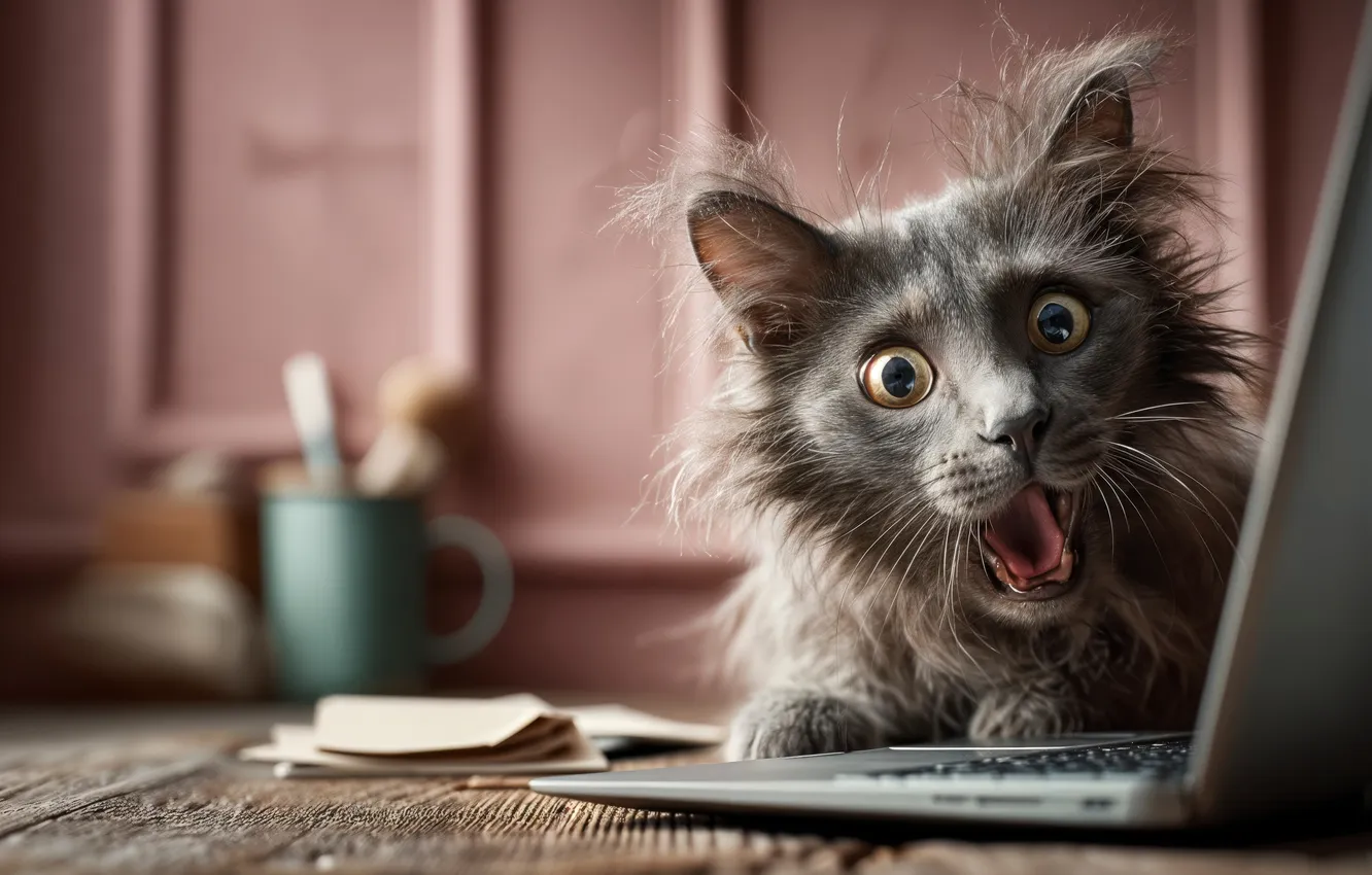 Photo wallpaper cat, cat, look, pose, table, mouth, laptop, face