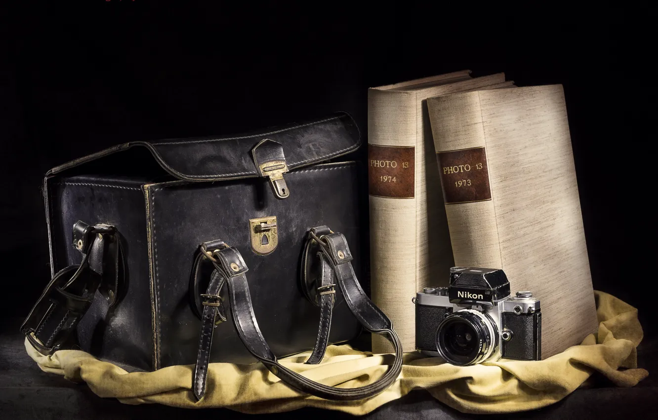 Photo wallpaper camera, album, Nikon, bag