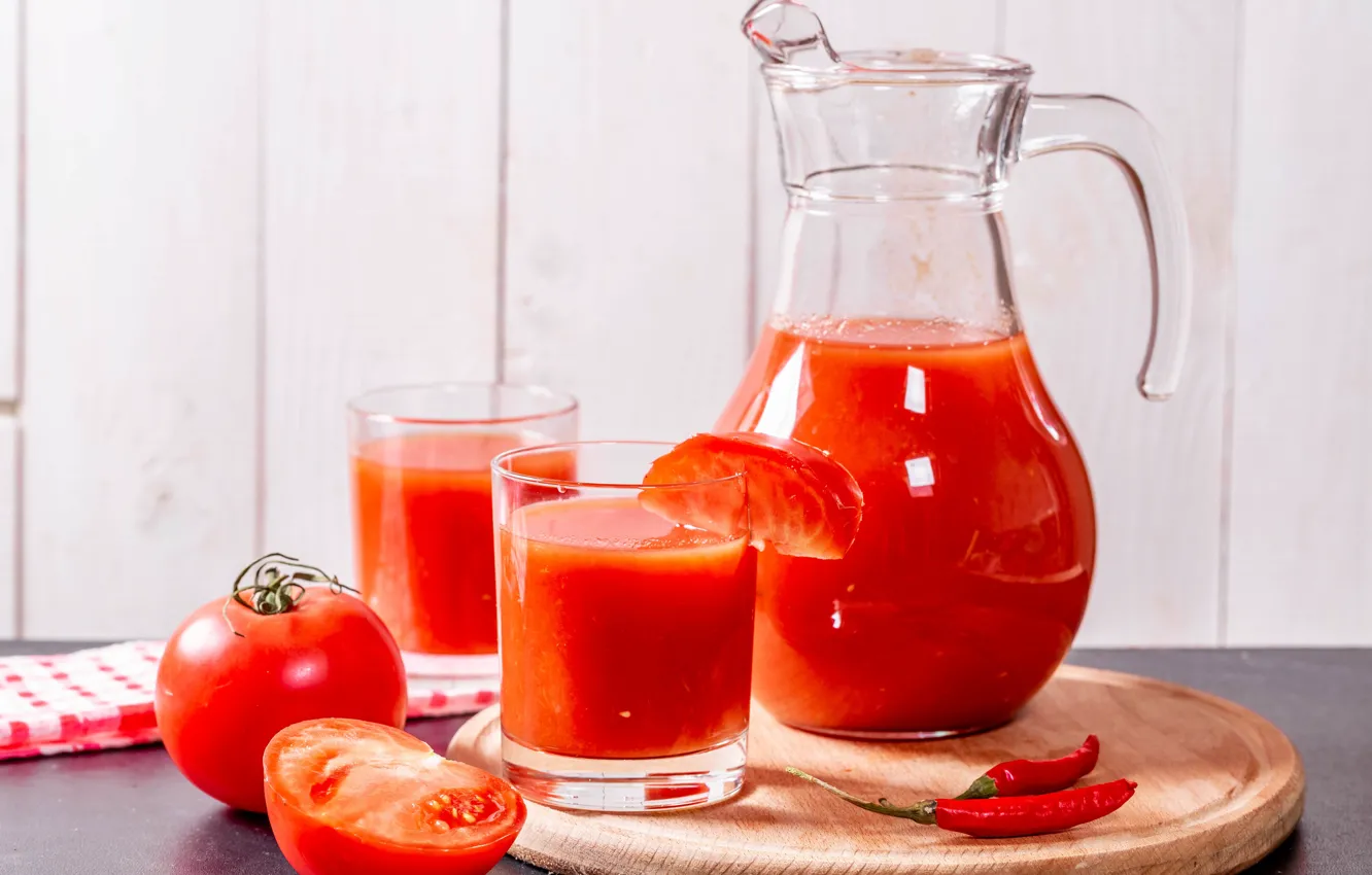 Photo wallpaper pepper, pitcher, tomatoes, tomato juice
