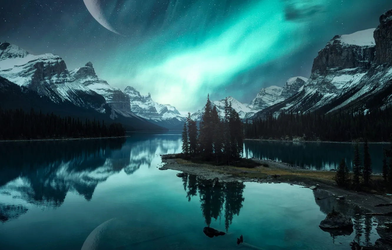 Photo wallpaper winter, forest, the sky, snow, mountains, night, lake, reflection