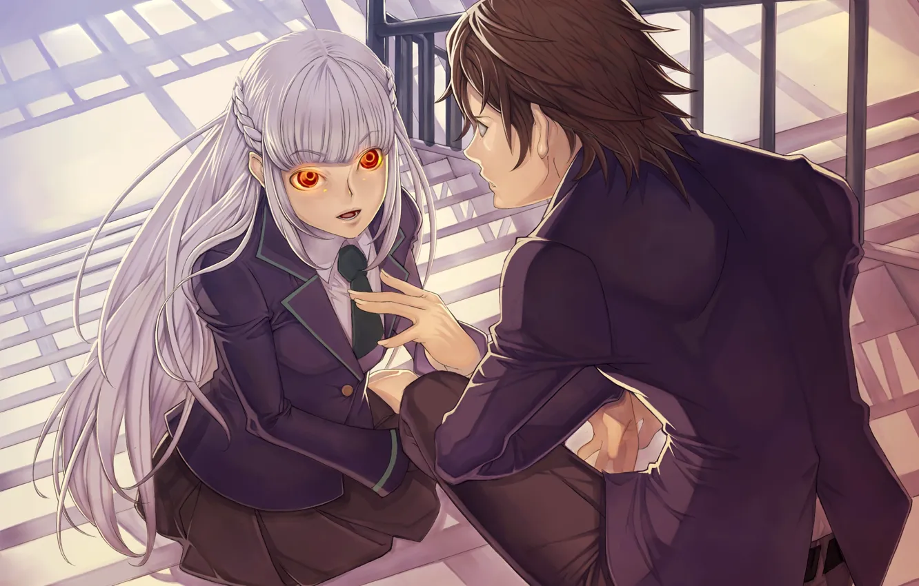 Photo wallpaper girl, ladder, guy, the conversation