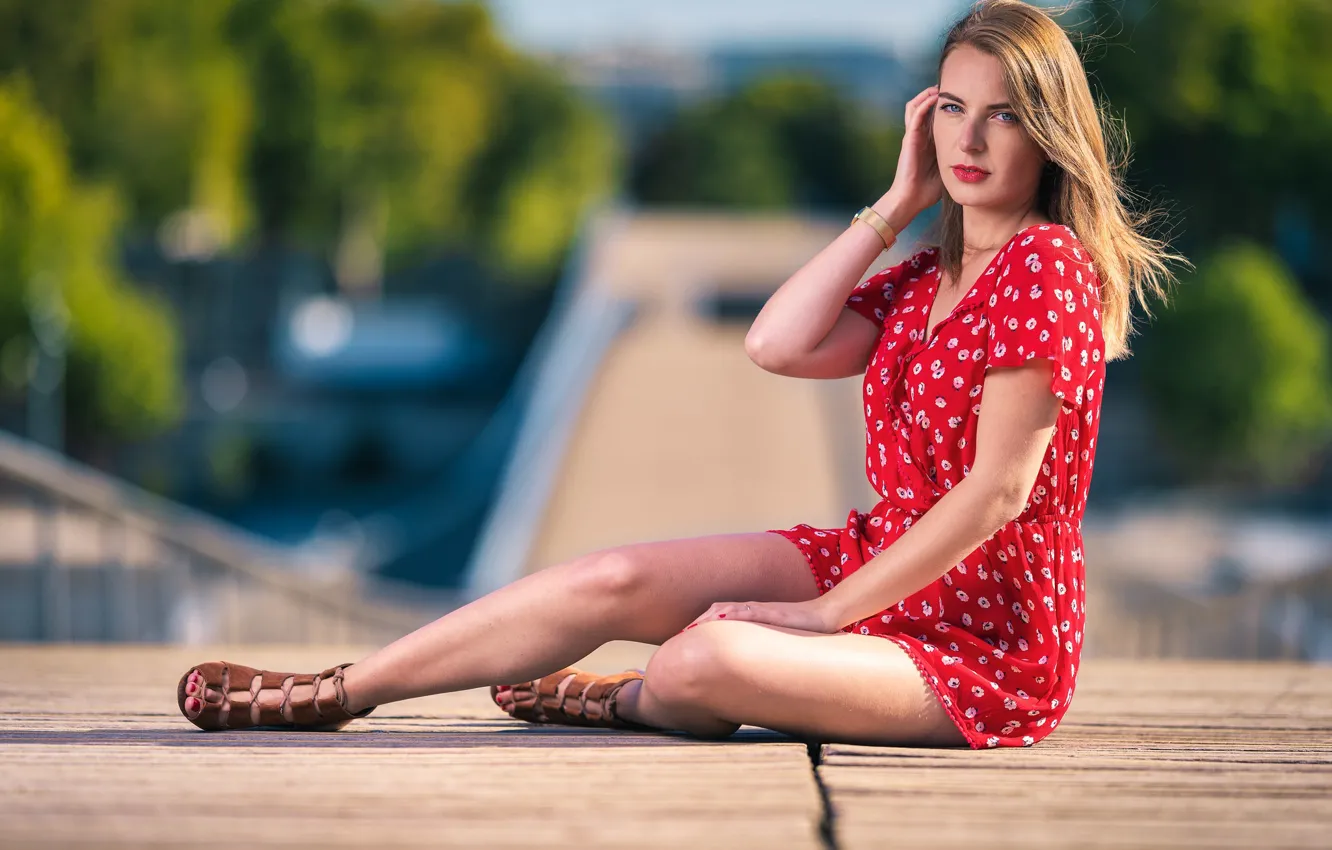 Photo wallpaper look, pose, hair, sitting, bokeh, beautiful legs, Ludivine