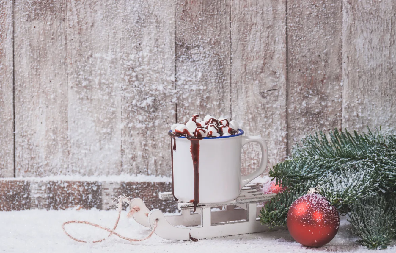 Photo wallpaper winter, snow, new year, christmas, decor, hot chocolate, decorations, marshmallows