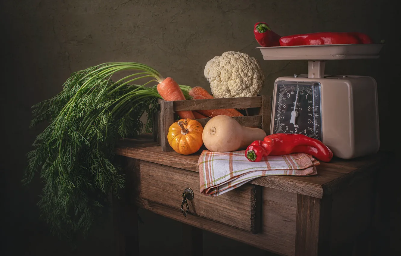 Photo wallpaper red, the dark background, table, food, towel, harvest, pumpkin, pepper