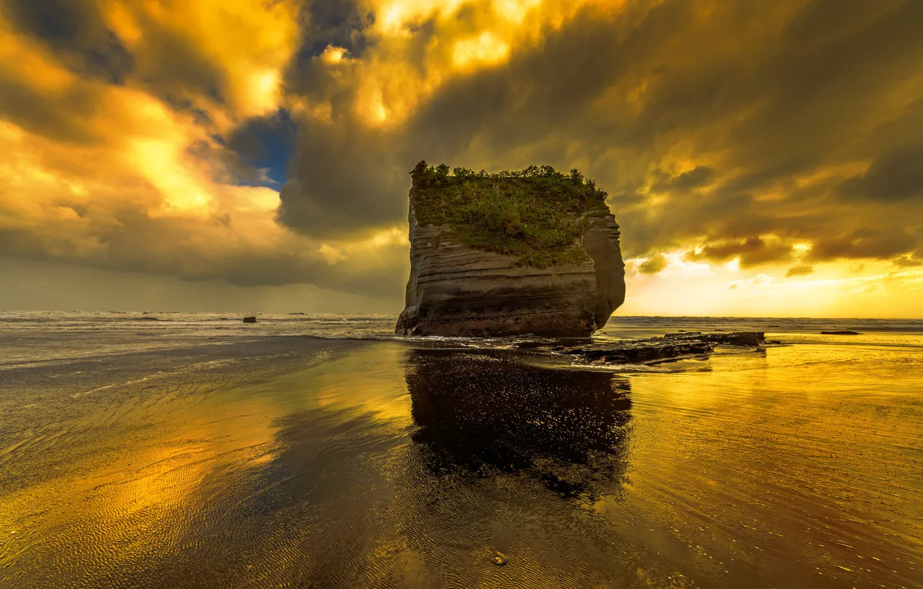Photo wallpaper sea, the sky, clouds, rocks, shore, tide, glow