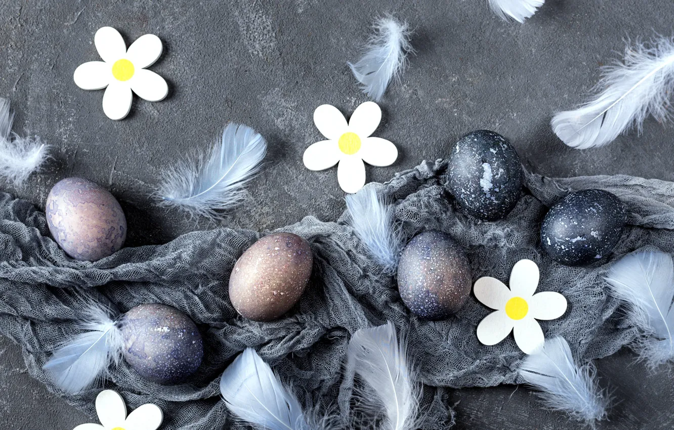 Photo wallpaper flowers, holiday, eggs, feathers, Easter, decor, eggs, gauze
