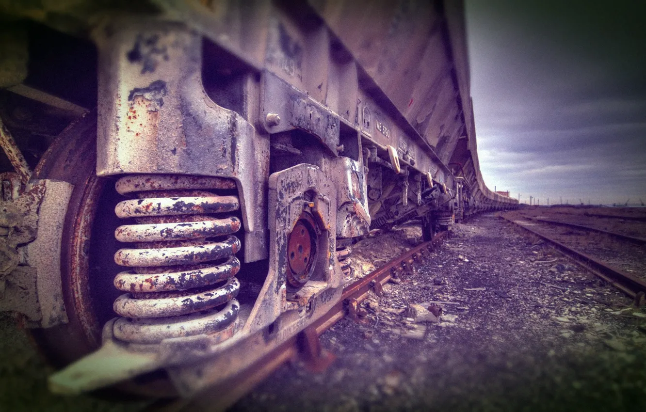 Photo wallpaper ROAD, MACRO, RAILS, SLEEPERS, TRAIN, WHEEL, IRON, CARS