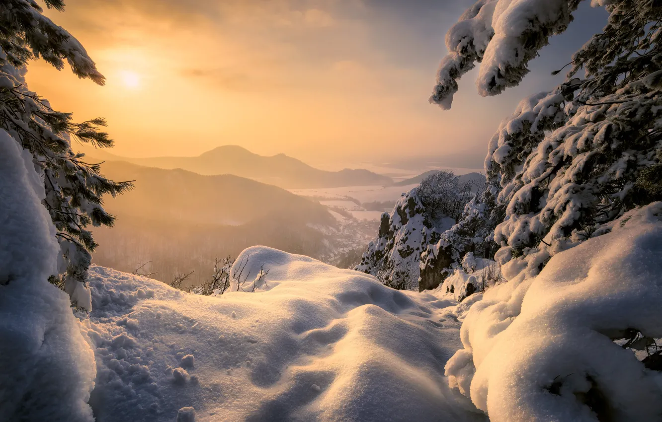 Photo wallpaper winter, snow, trees, landscape, mountains, nature, ate