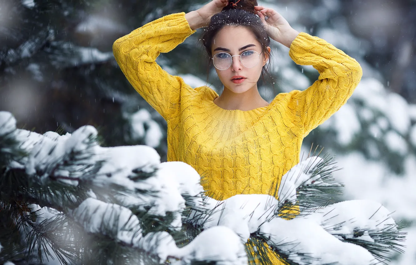 Photo wallpaper girl, long hair, brown hair, photo, photographer, blue eyes, winter, snow