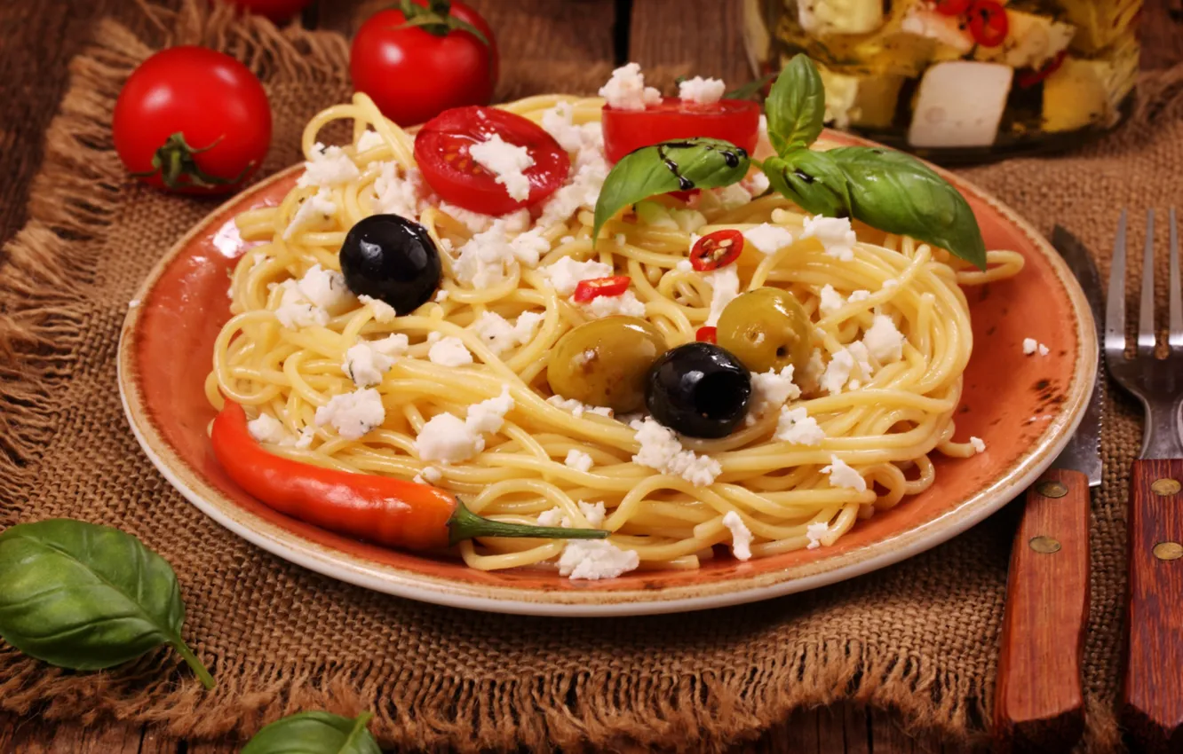 Photo wallpaper cheese, pepper, olives, spaghetti