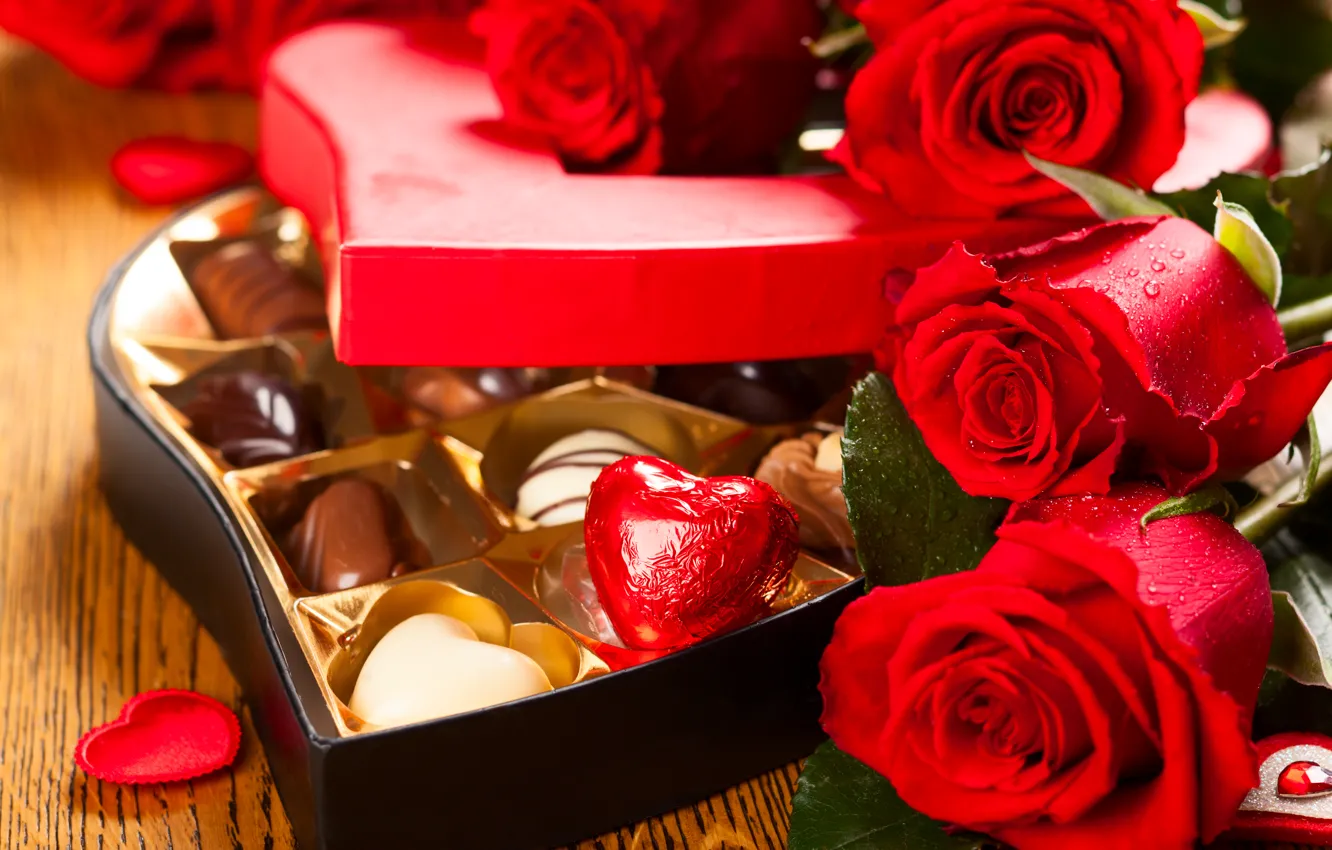 Photo wallpaper chocolate, roses, candy, love, rose, heart, romantic, valentine's day