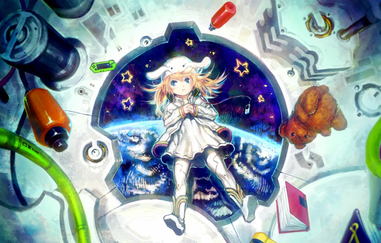 Photo wallpaper space, wire, hat, ship, planet, anime, headphones, art