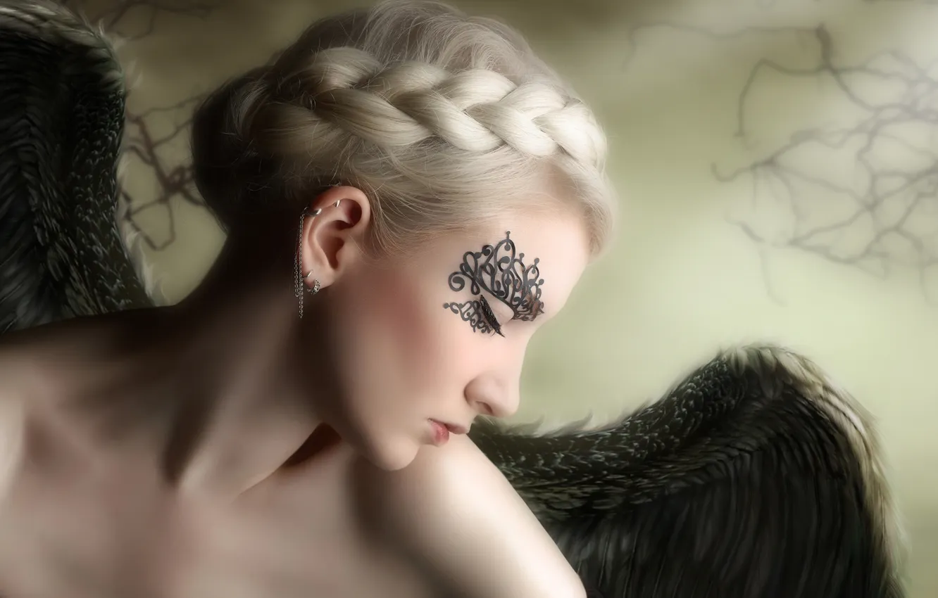 Photo wallpaper sadness, girl, hair, wings, angel, profile, braid, earring