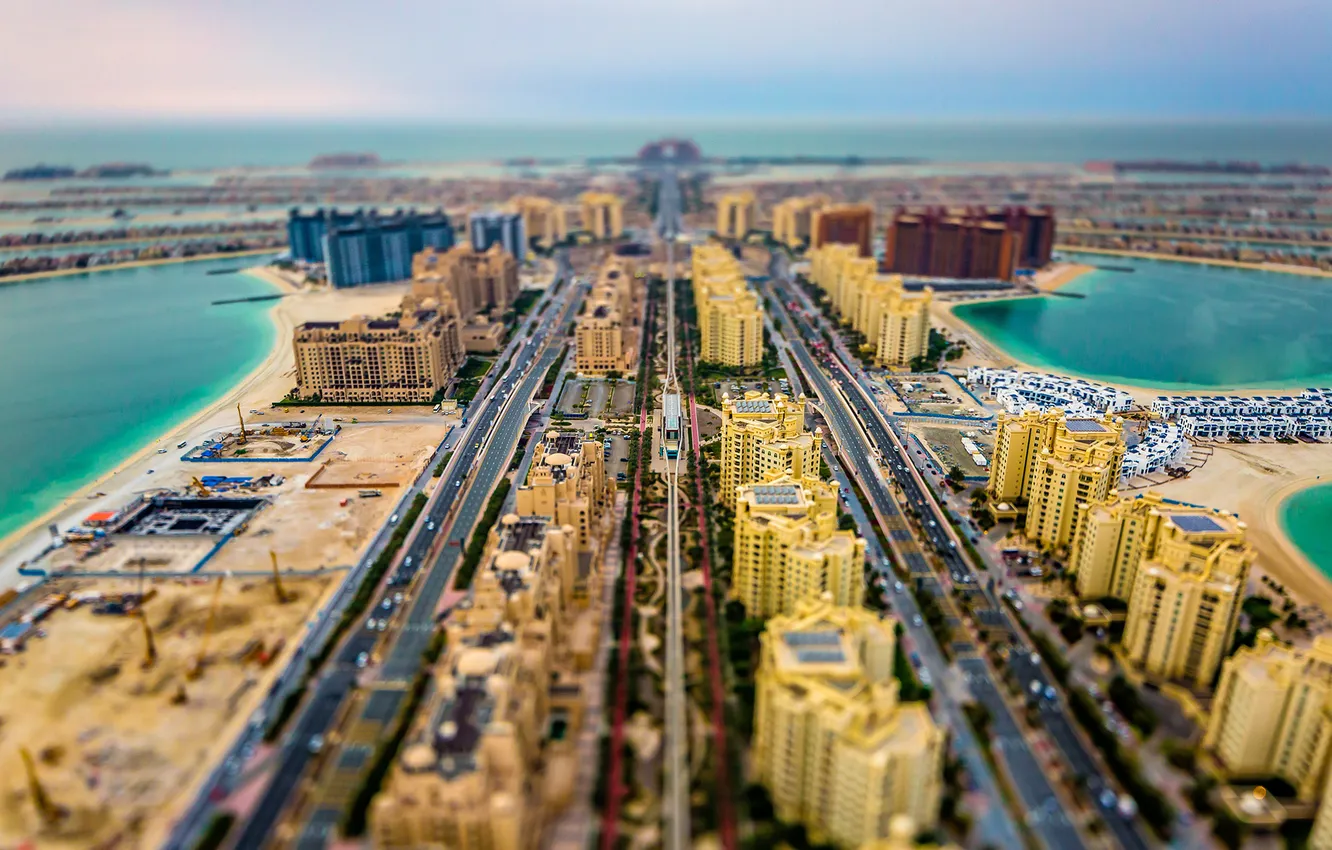 Photo wallpaper building, horizon, the trunk, Dubai, cars, Palm Jumeirah, avenues