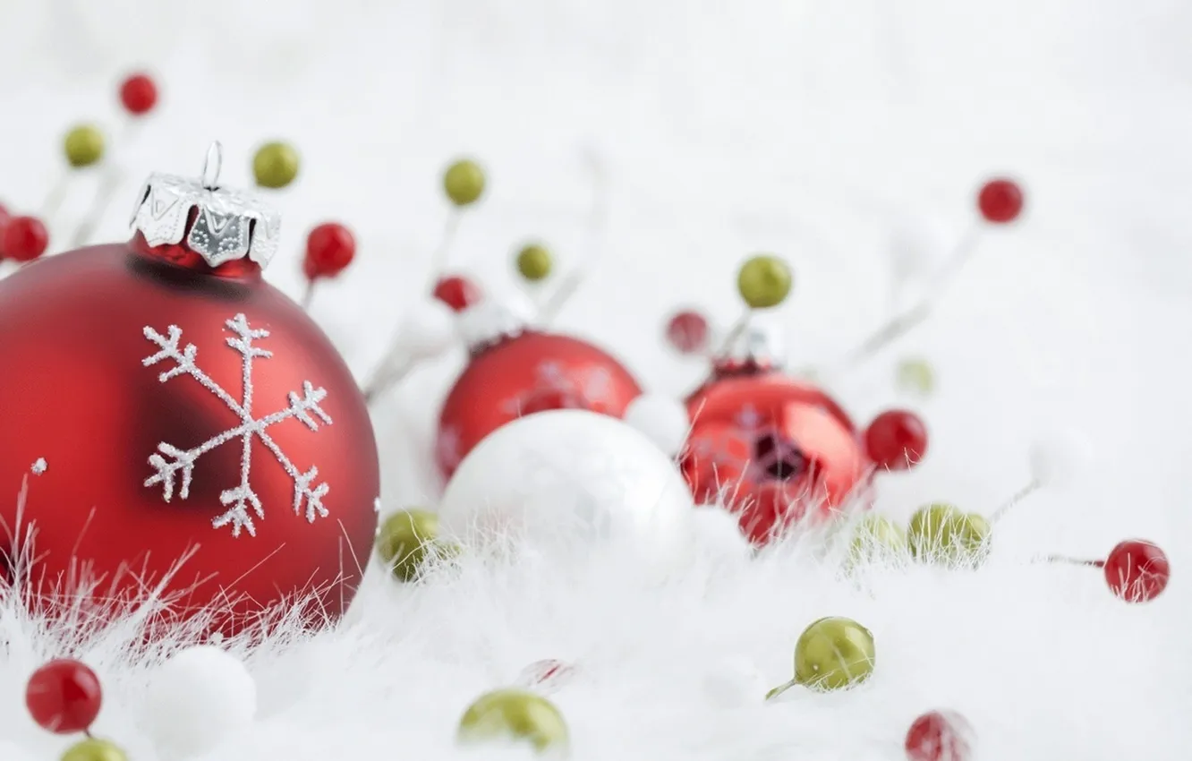 Photo wallpaper balls, snowflakes, toy