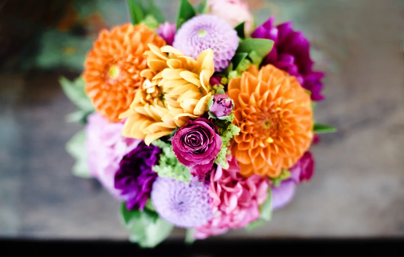 Photo wallpaper flowers, orange, roses, bouquet, pink, lilac, dahlias