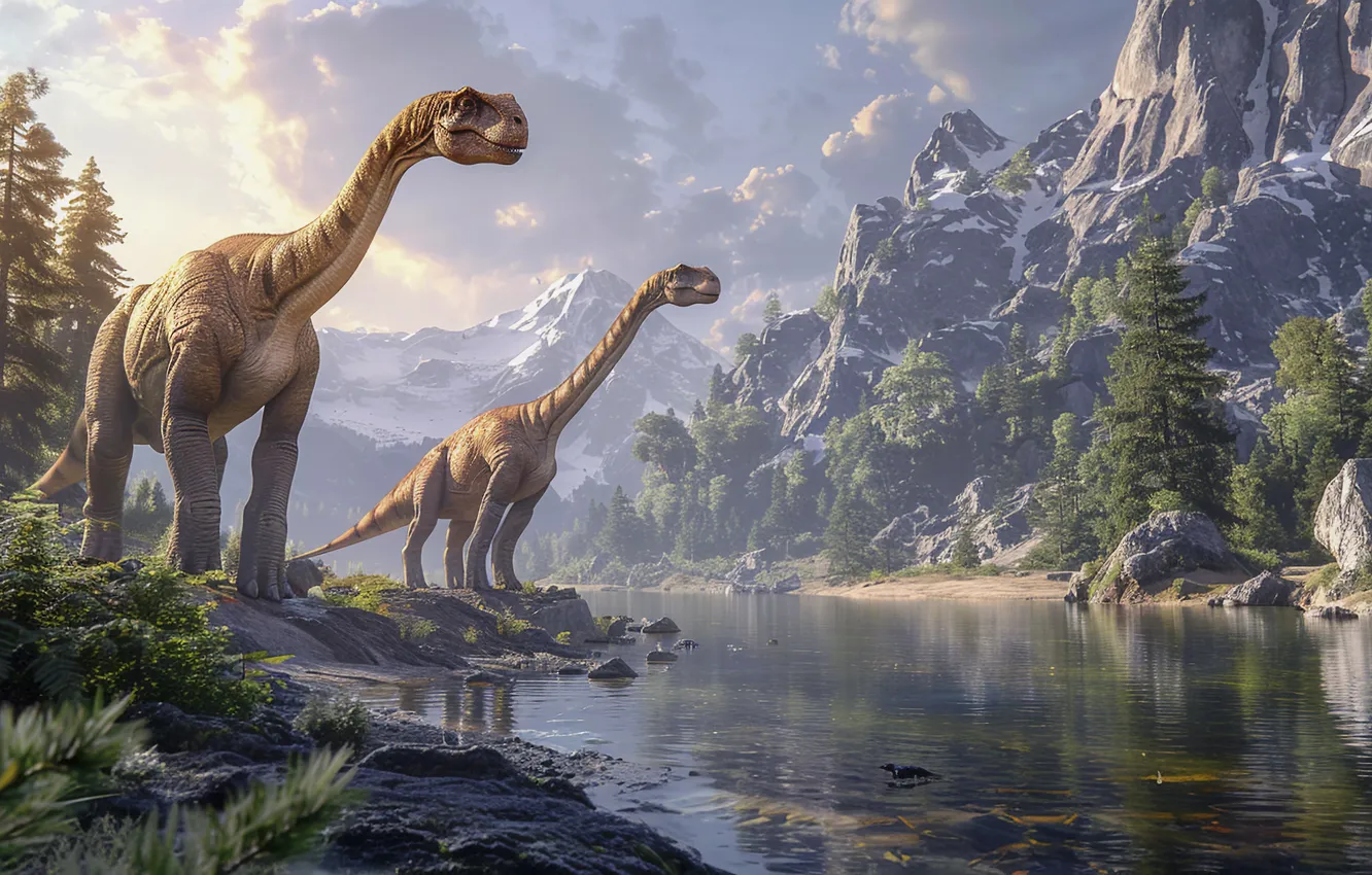 Photo wallpaper clouds, trees, mountains, river, animal, dinosaur, two, digital art