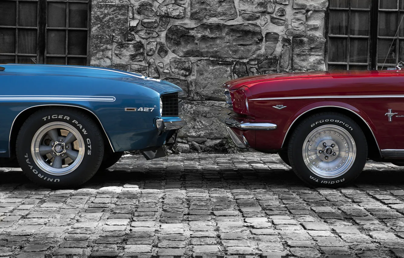 Photo wallpaper two, Ford, mustang, Chevrolet, Camaro, muzzle