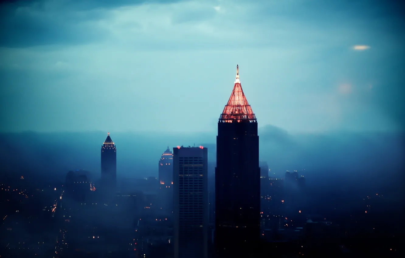 Photo wallpaper light, the city, lights, fog, height, skyscrapers, the evening