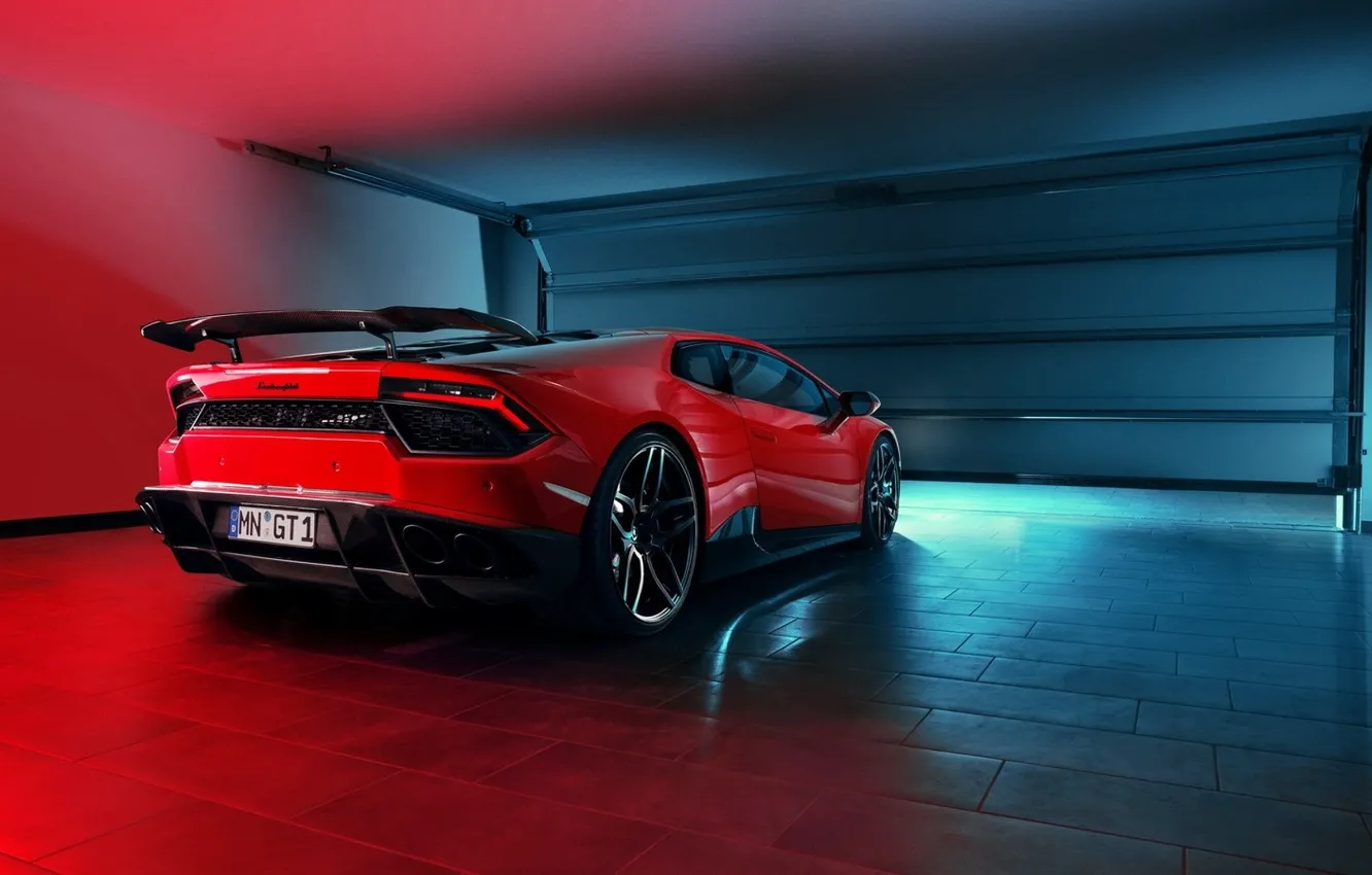 Photo wallpaper garage, Lamborghini, Lamborghini, sports car, rear view, Novitec, Lamborghini Huracan
