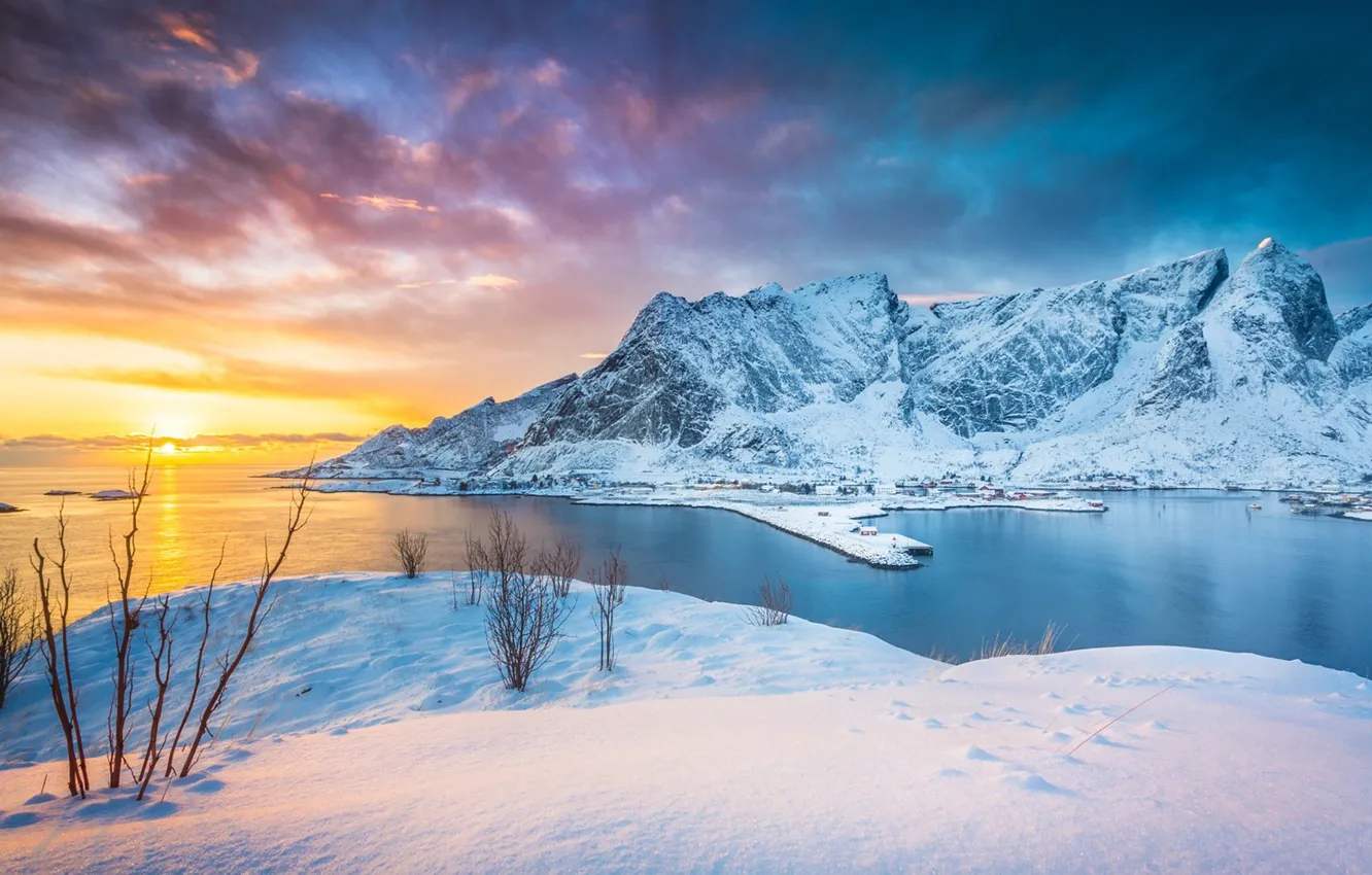Photo wallpaper winter, sunset, mountains, lake, Norway, Norway, Lofoten Islands, Stefano Termanini