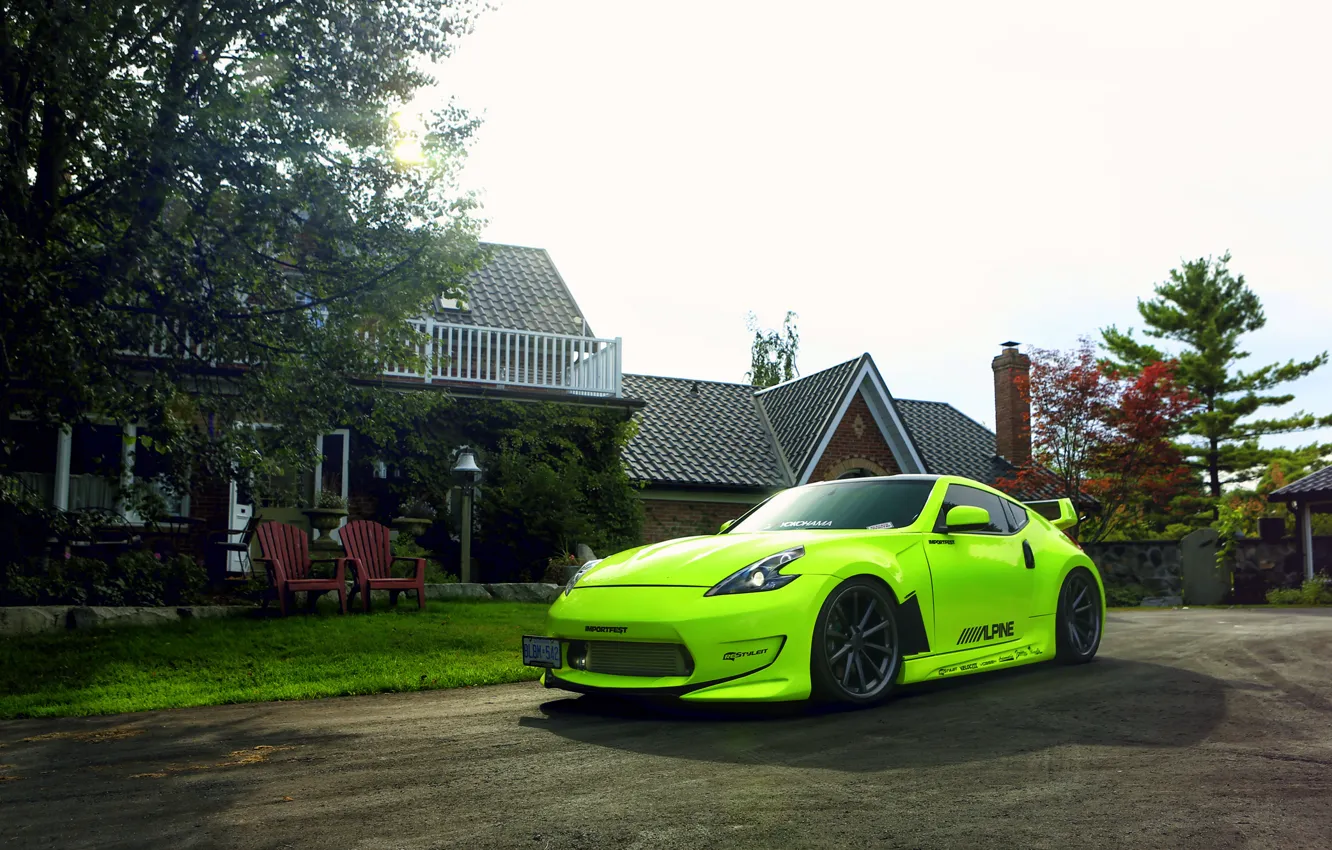 Photo wallpaper green, Nissan, tuning, 370z, vossen wheels, frontside