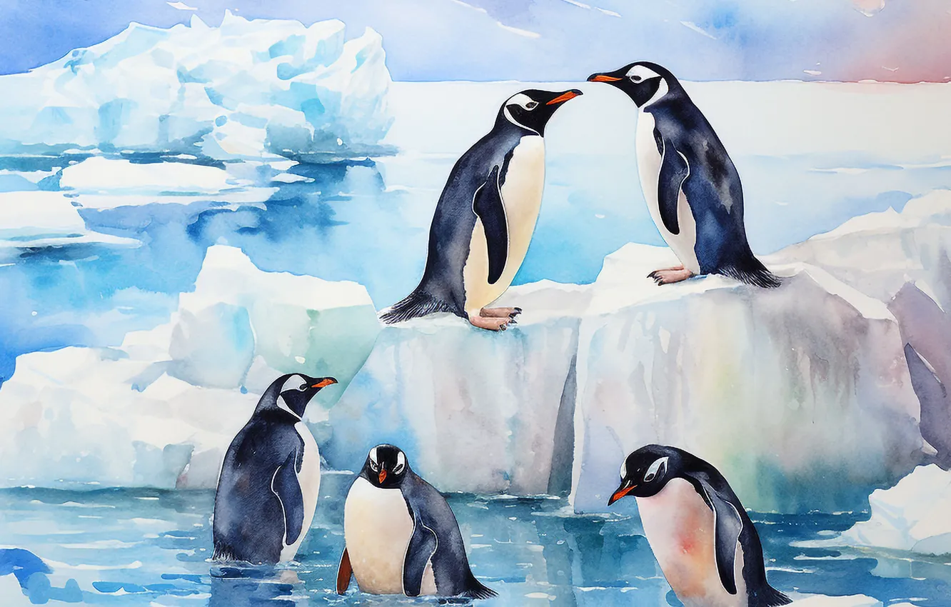 Photo wallpaper ice, winter, water, penguins, art, digital art, imitation painting, AI art