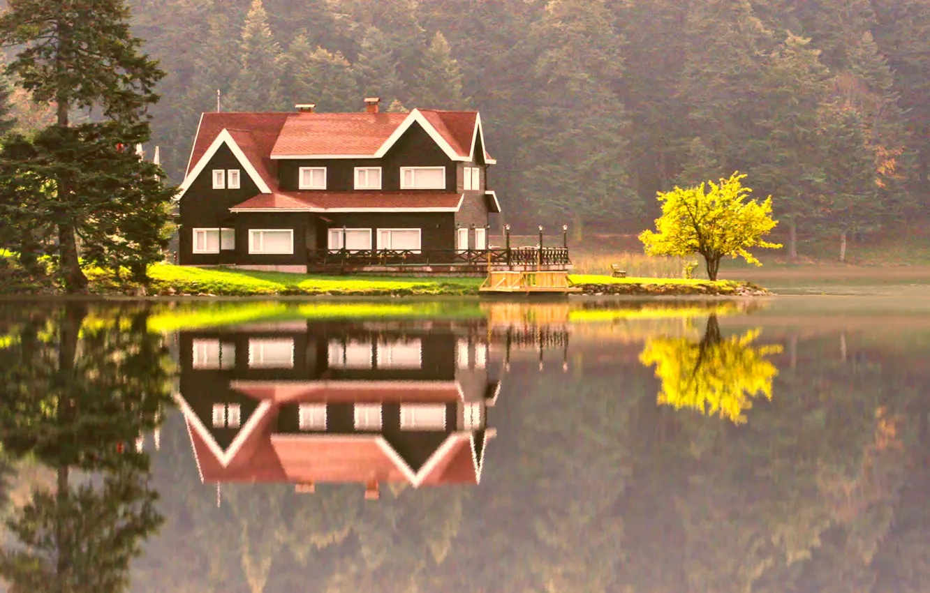 Photo wallpaper autumn, forest, landscape, nature, lake, reflection, home, cottage