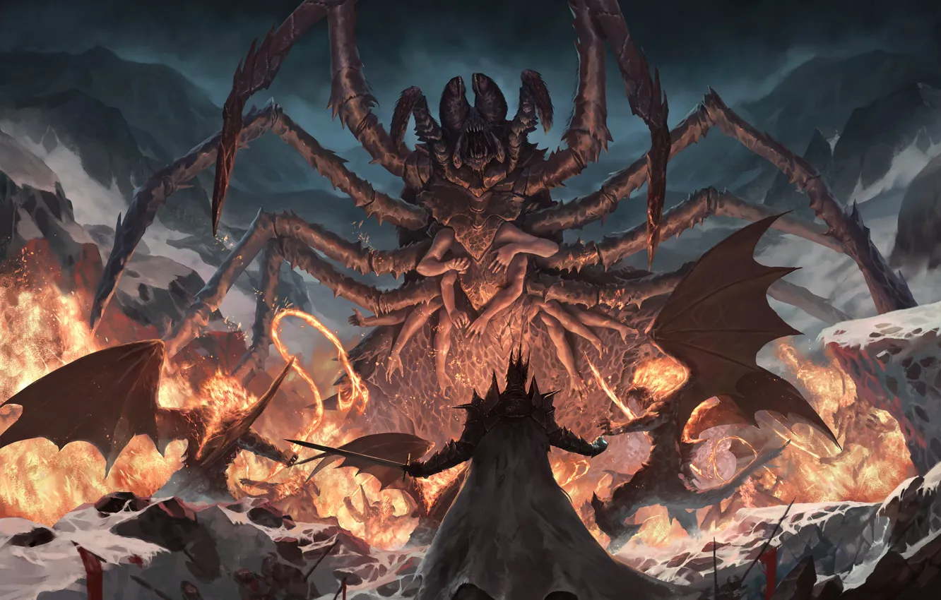 Photo wallpaper snow, flame, wings, spider, sword, battle, mutant, Silmarillion