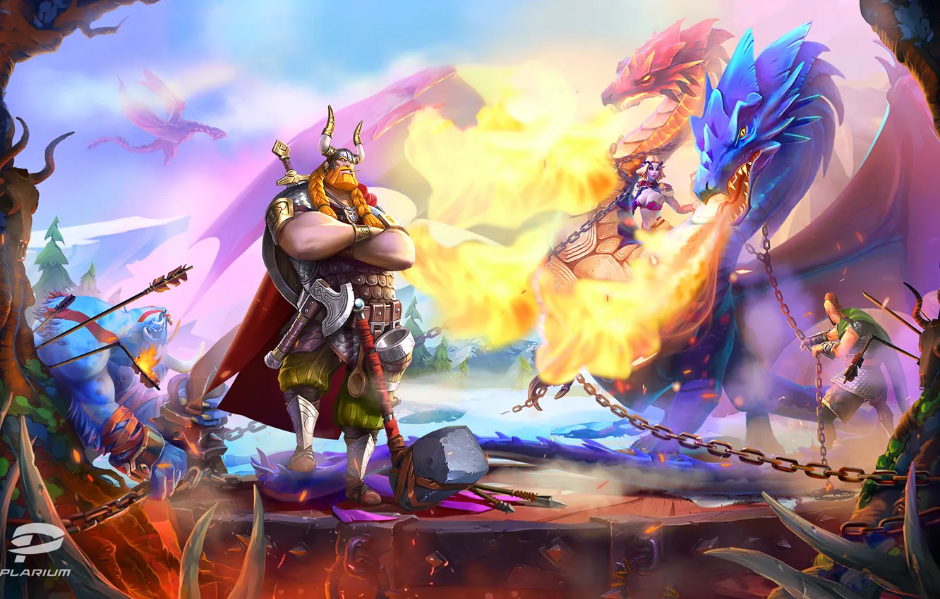 Photo wallpaper snow, lights, dragon, chain, arrows, axe, Nord, Plarium