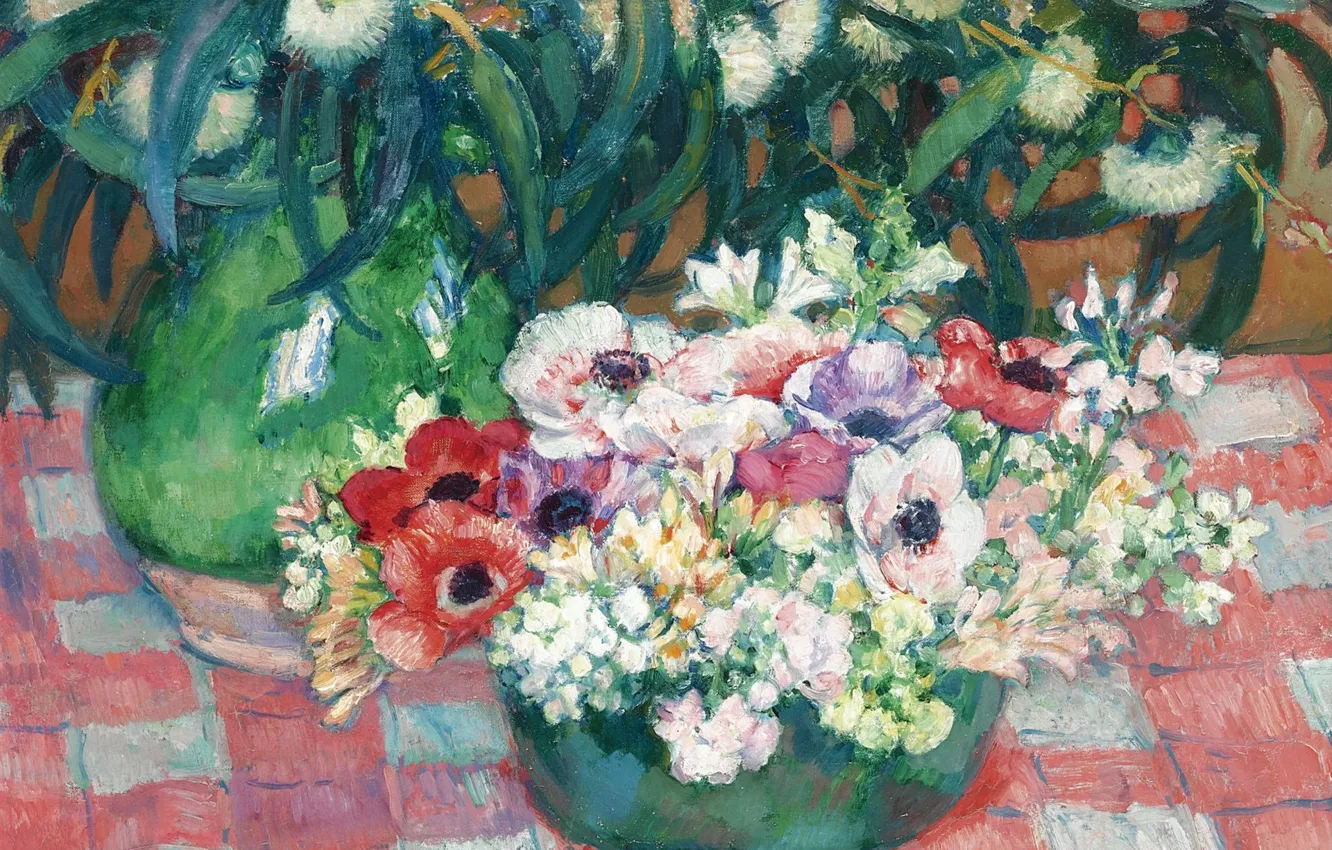 Photo wallpaper flowers, picture, still life, Theo van Rysselberghe, Theo van Reysselberge, Anemones and Eucalyptus