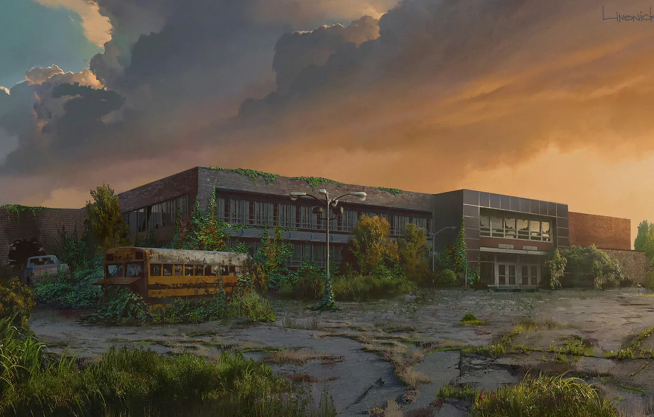Photo wallpaper the building, plant, art, bus, The Last of Us