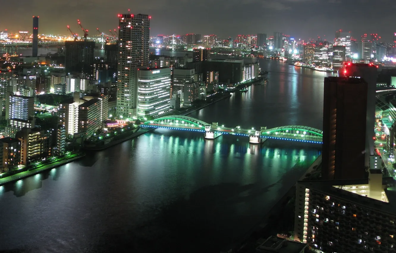 Photo wallpaper night, bridge, river, Tokyo, japan