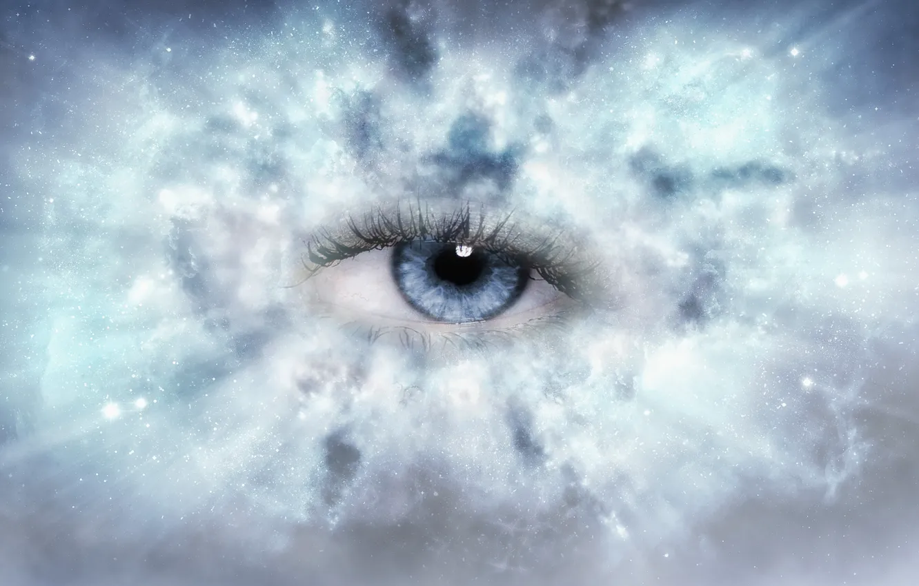 Photo wallpaper the sky, eyes, look, space, stars, space, eyelashes, blue