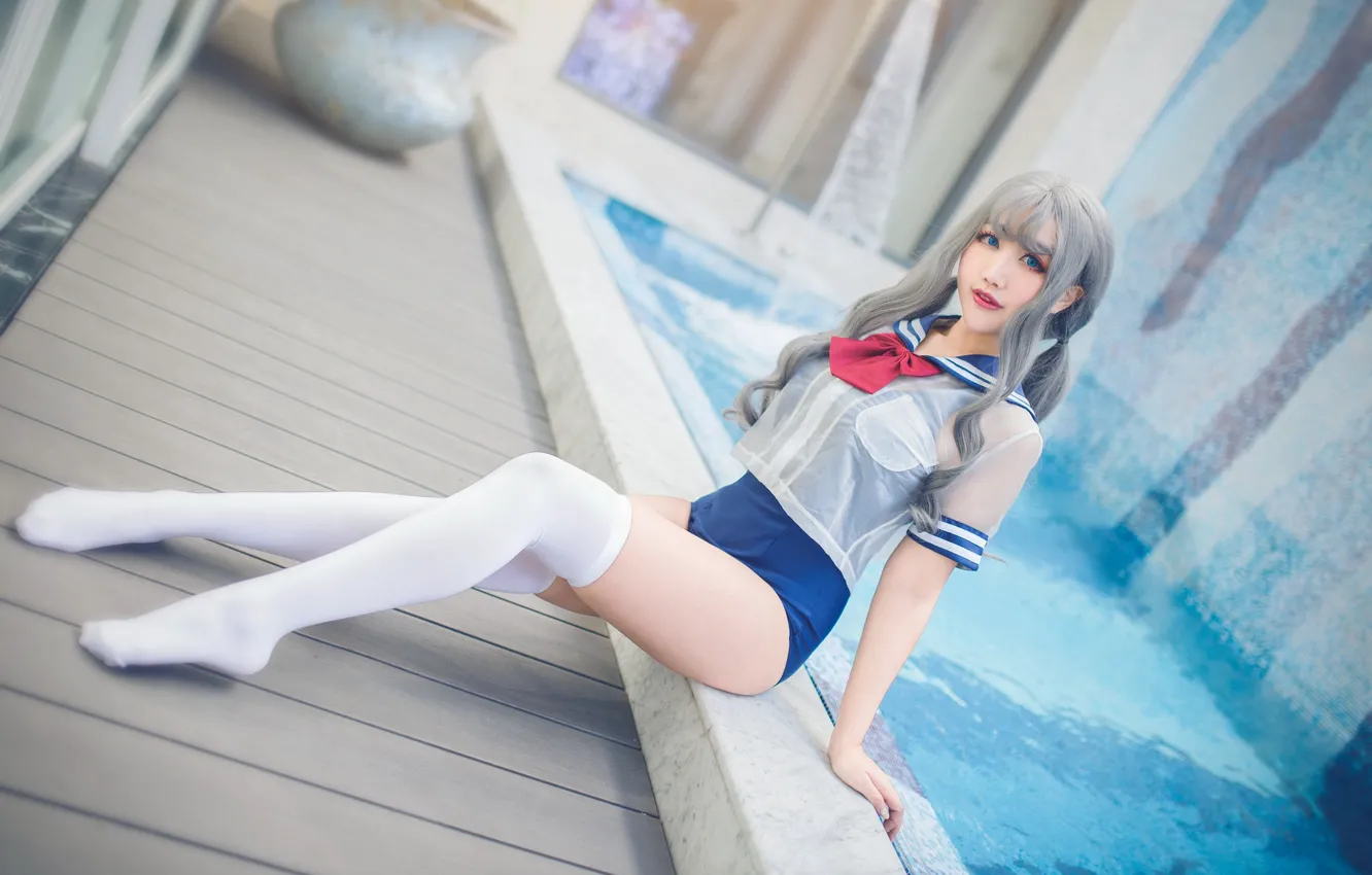 Photo wallpaper swimsuit, look, water, girl, blue, face, sexy, pose