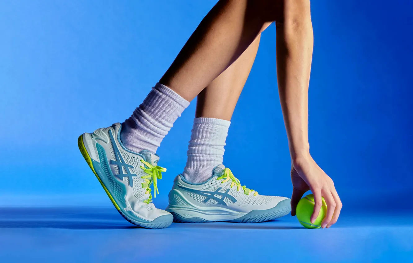 Photo wallpaper feet, the ball, hands, sneakers, tennis, Tennis, sneakers, Asics