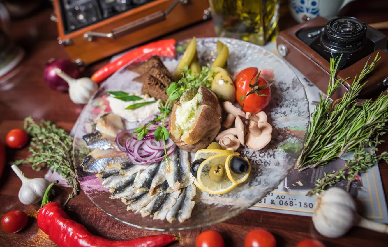 Photo wallpaper lemon, mushrooms, bow, bread, pepper, tomatoes, olives, cucumbers