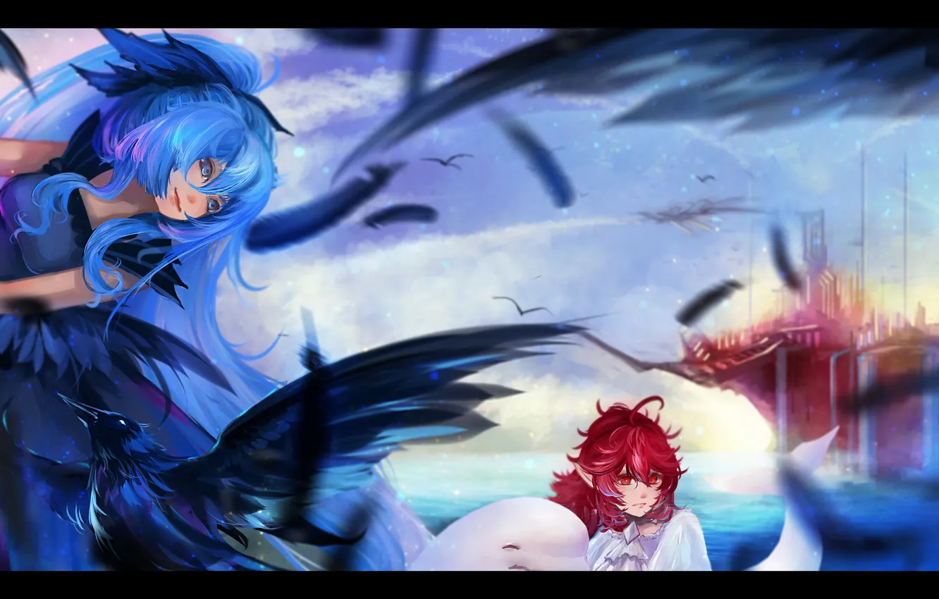 Photo wallpaper girl, bird, anime, feathers, art, reiami