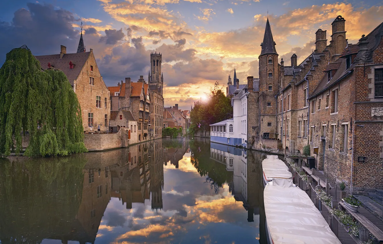 Photo wallpaper sunset, boat, home, channel, Belgium, Bruges, the urban landscape