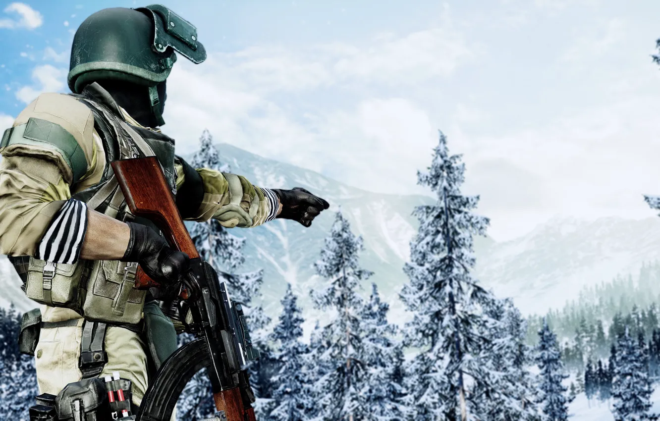 Photo wallpaper battlefield, gun, game, forest, Blizzard, soldier, weapon, snow