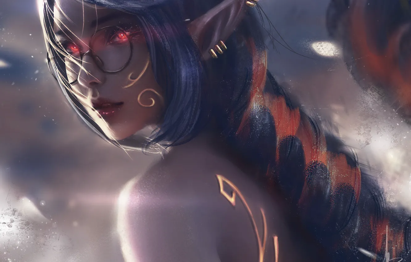 Photo wallpaper fog, piercing, glasses, elf, red eyes, long hair, pointy, sideways