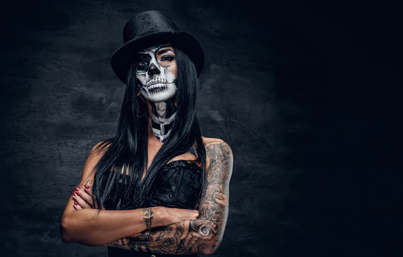 Photo wallpaper woman, look, tattoos, female, makeup, day of the dead, brazos