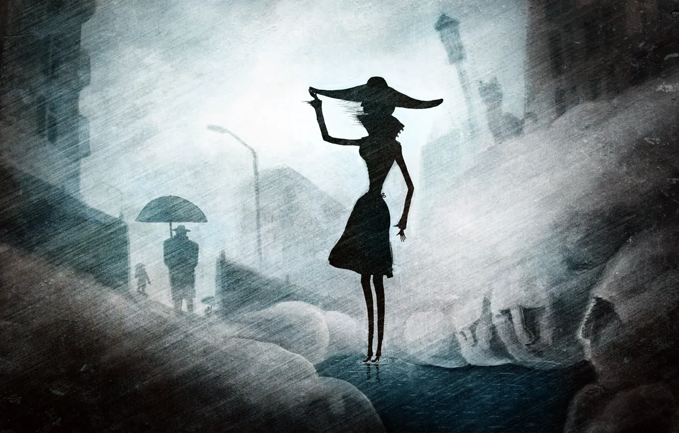 Photo wallpaper girl, rain, hat, silhouette
