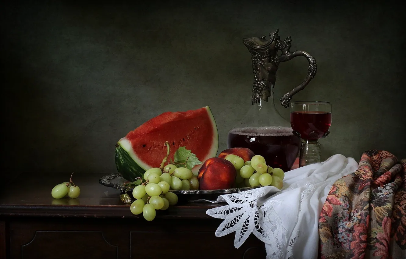 Photo wallpaper style, background, wine, glass, watermelon, grapes, fruit, still life