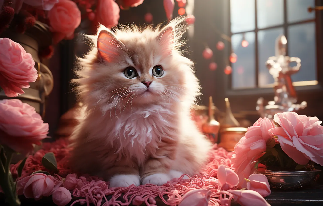 Photo wallpaper cat, look, light, flowers, pose, table, room, sweetheart