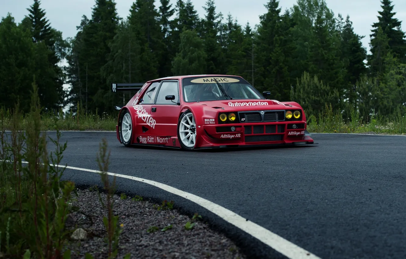 Photo wallpaper The sky, Forest, Track, Lancia, Delta, 1992, Full face, Cloudy