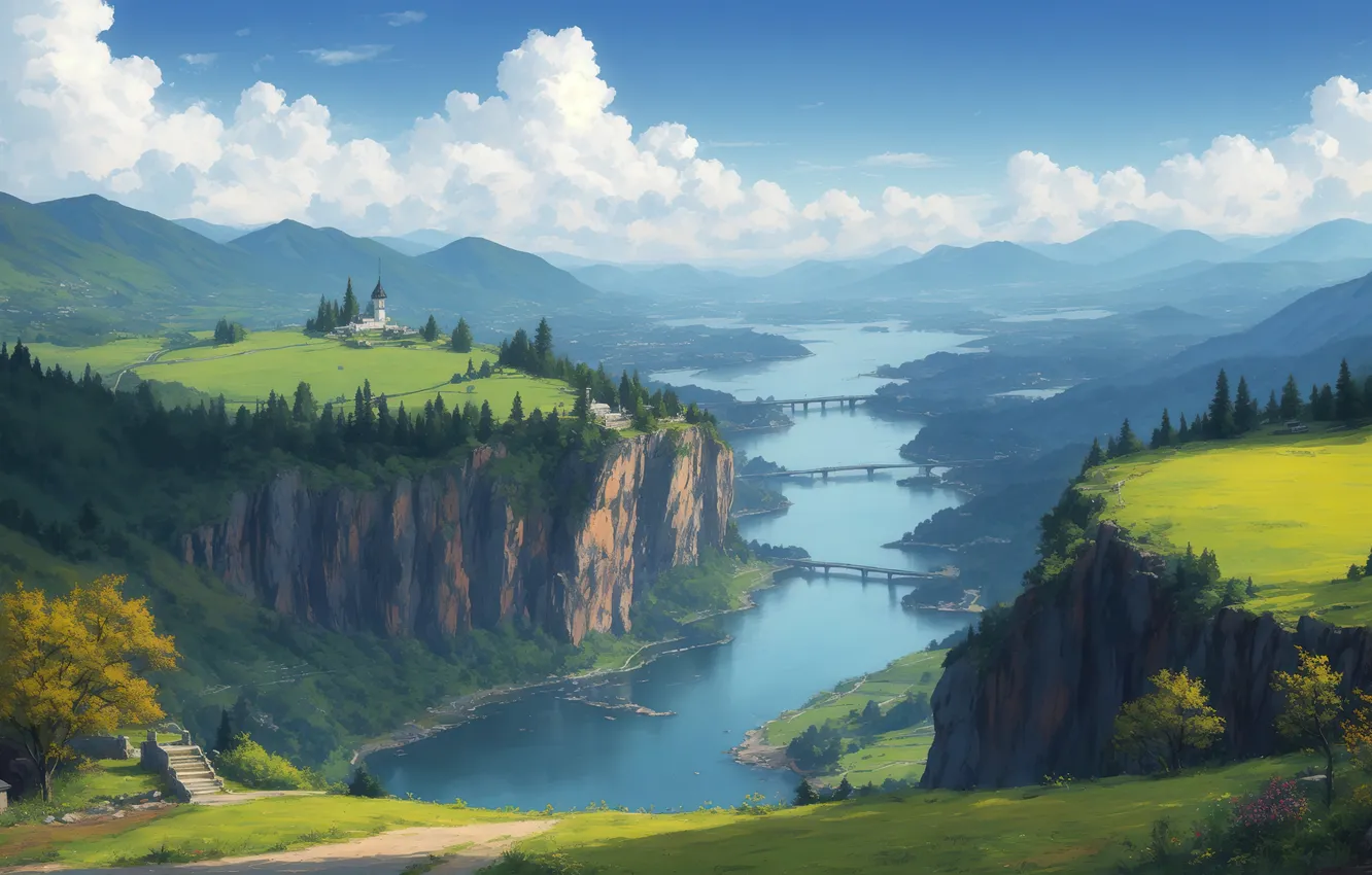 Photo wallpaper river, sky, landscape, nature, art, bridges, painting, digital art