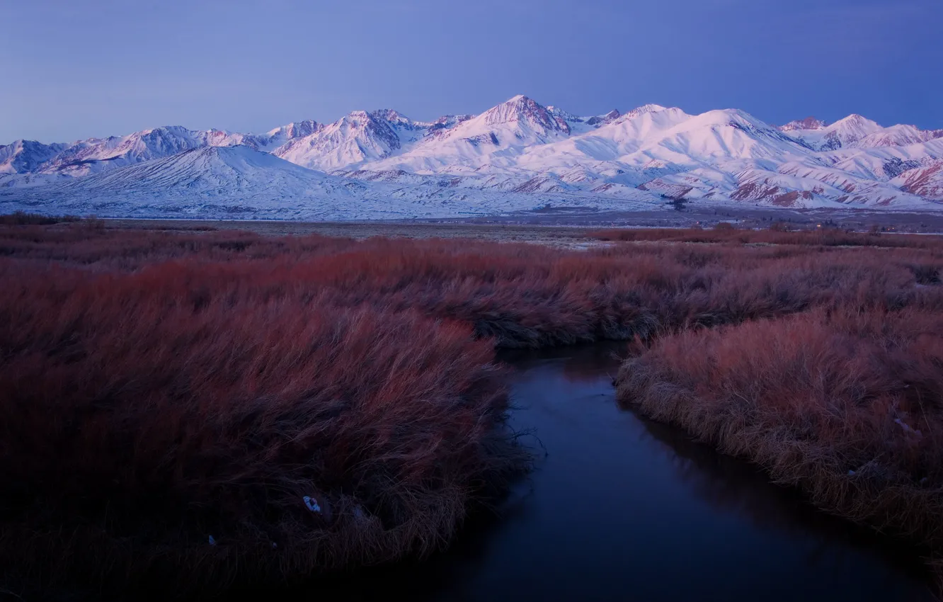 Photo wallpaper the sky, grass, snow, mountains, shore, tops, channel, river