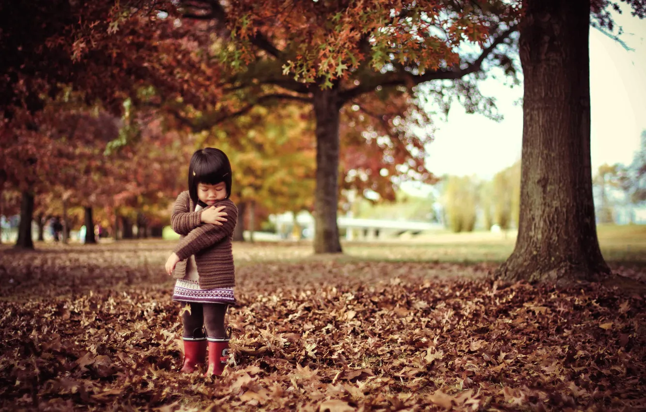Photo wallpaper autumn, leaves, trees, children, Park, boots, girl, jacket