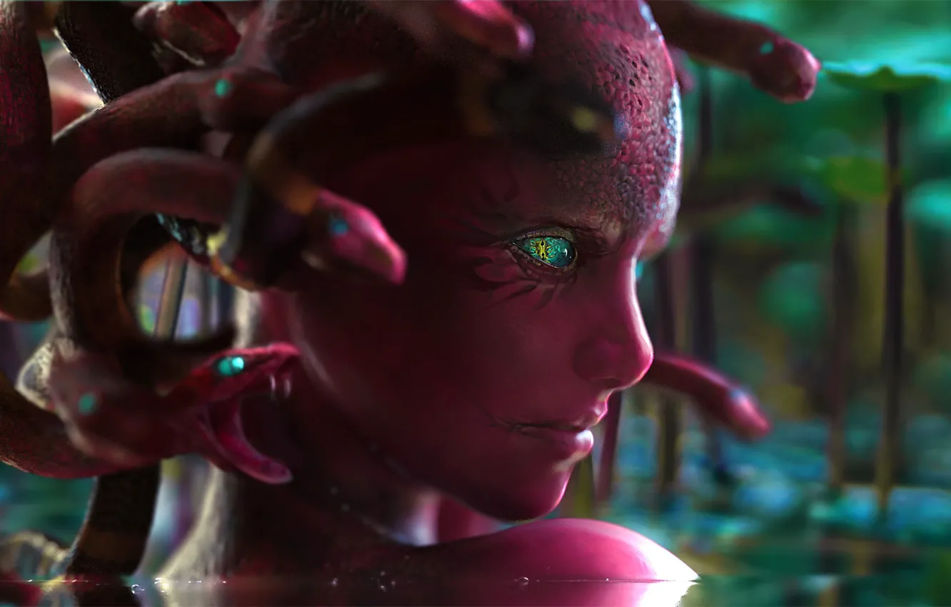 Photo wallpaper eyes, girl, face, fiction, snake, art, jellyfish, art